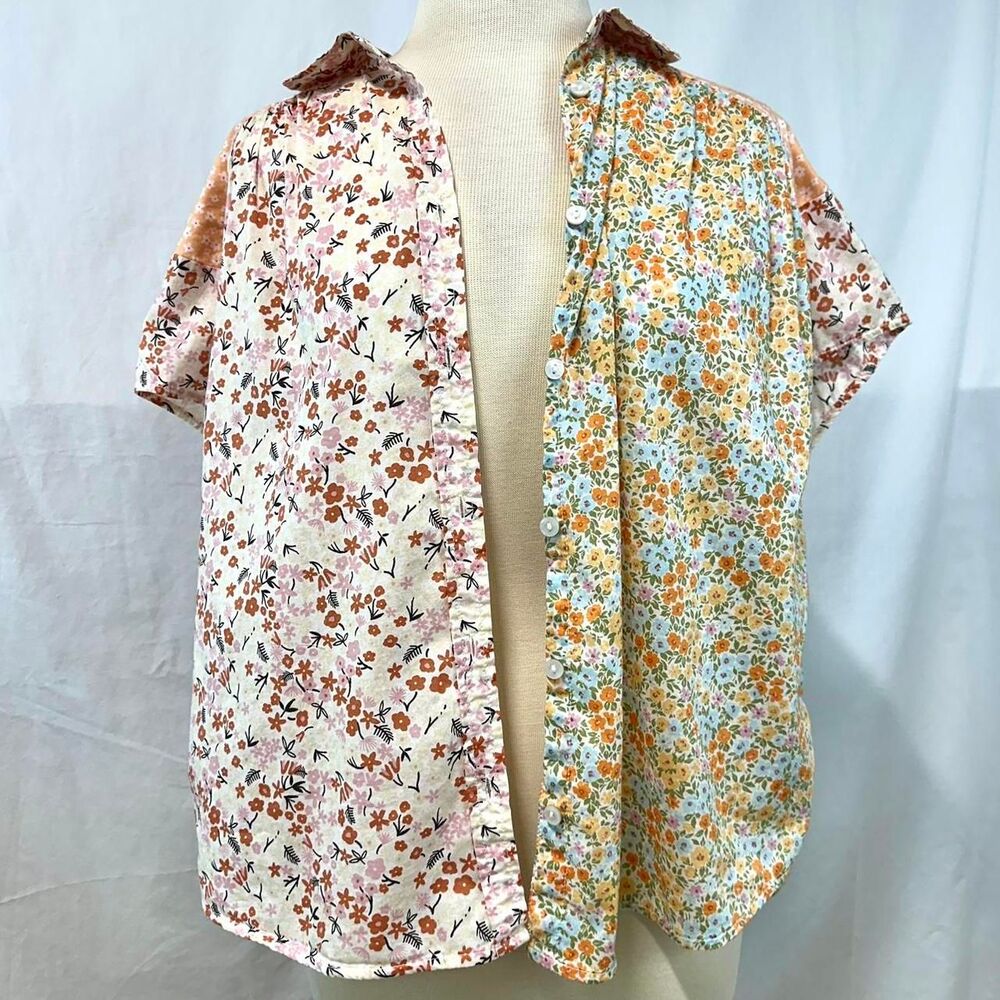 AMERICAN EAGLE Pastel Floral Patchwork Oversized Button Up Womens XS Boxy Summer
